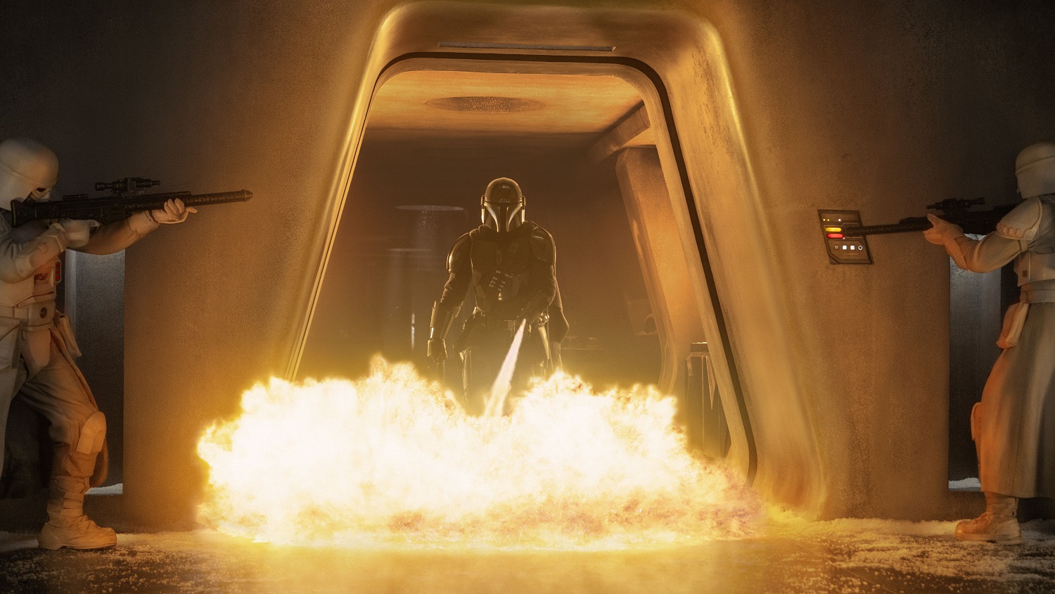 Mando makes a scorching first impression on pair of stormtroopers