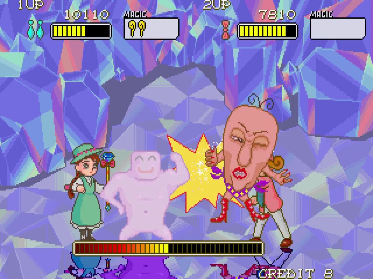 Summon a strongman to take out the weird face-wearing-heels!